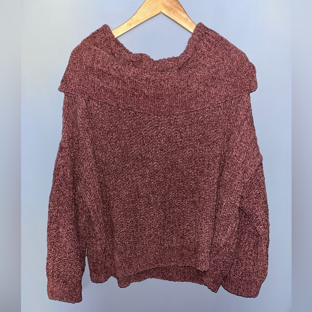 Express Womens Burgundy Mauve Chenille Off the Shoulder Relaxed Knit Sweater L